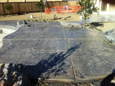 Covered patio interior with stamped concrete