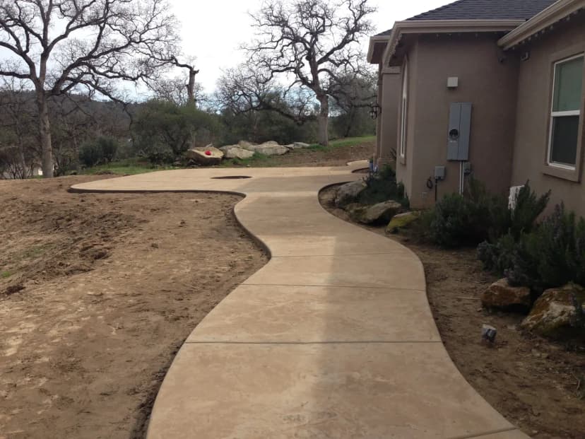 Curved concrete entry path with landscaping