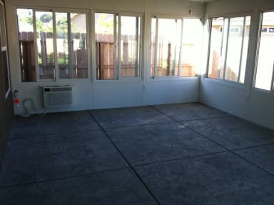 Covered patio interior with stamped flooring