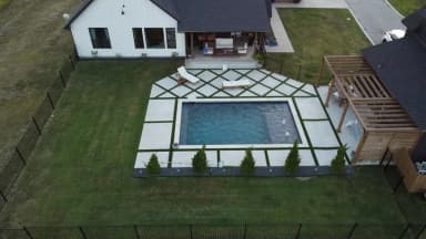 Patio with stained concrete and pergola