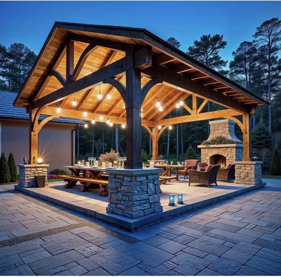 Timber-frame patio cover with stone fireplace, lit for evening